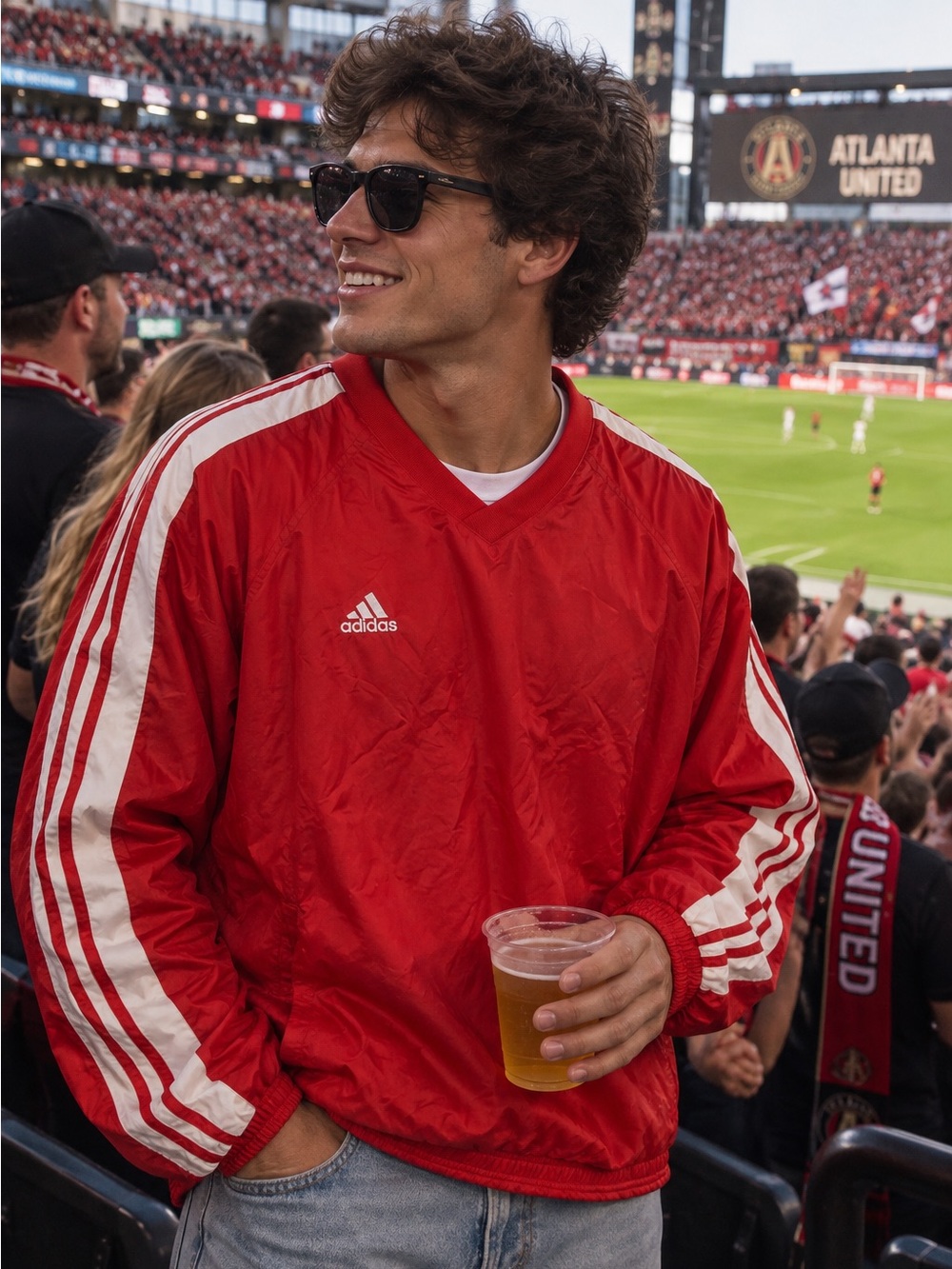 adidas Red Windbreaker with White Stripe Sleeves